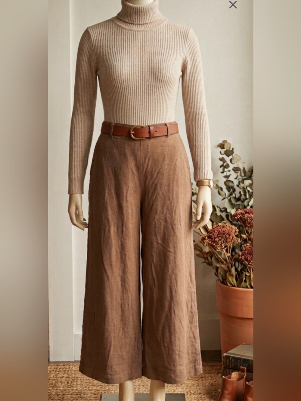 **Classic Wide-Leg Linen Pants in Brown Waist 19" Inseam 26"